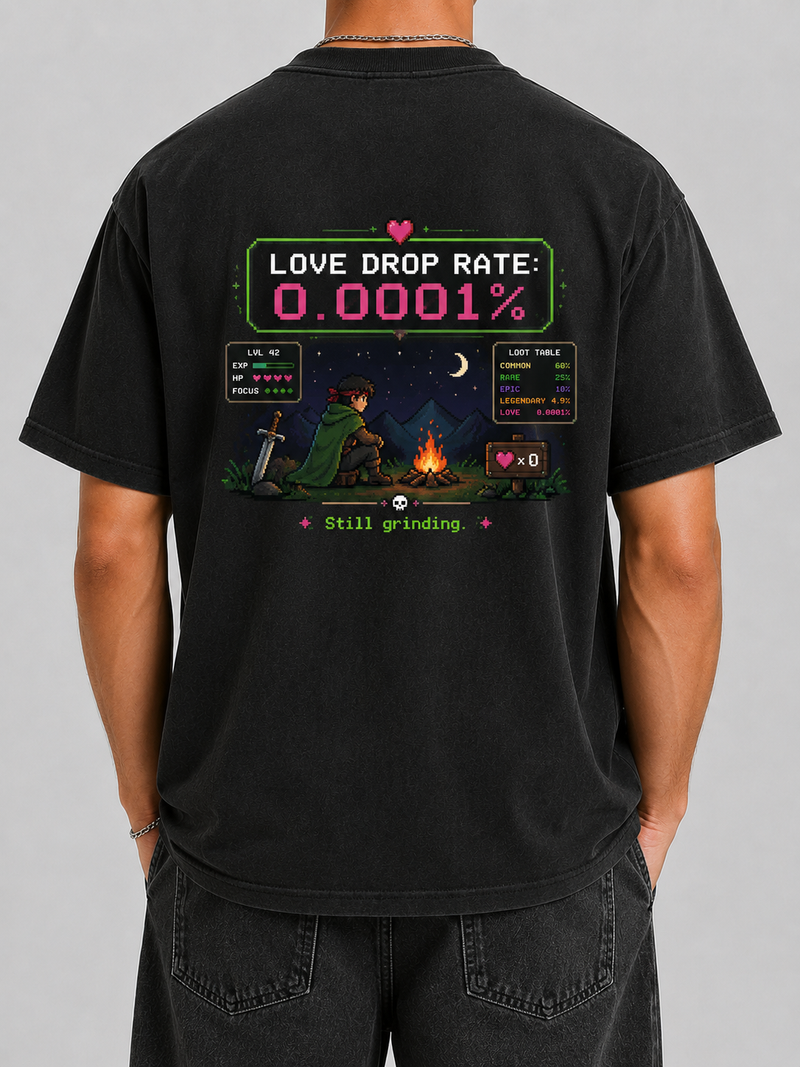 Man wearing the Ruxel Love Drop Rate tee in Vintage Black, back view - pixel RPG loot screen with Love Drop Rate 0.0001%, a campfire hero, stats panel and loot table