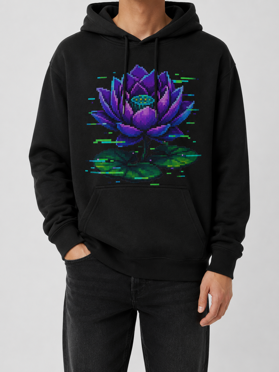 Ruxel Glitch Lotus hoodie in Void Black — pixel-art purple lotus flower with cyan and green glitch effects above lily pads