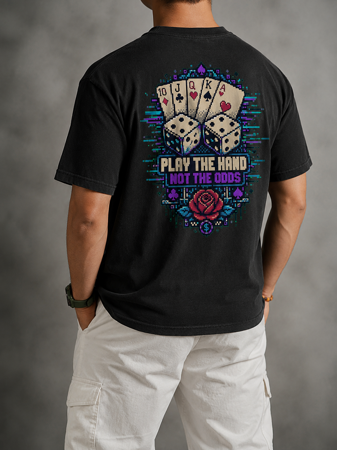 Man wearing the Ruxel Luck.exe Vintage Black pixel-art tee, back view - large royal flush, dice, red rose and Play the Hand Not the Odds print