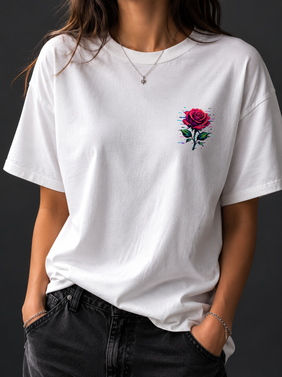 Ruxel Glitch Rose tee in Vintage White - small pixel-art glitch rose printed on the left chest