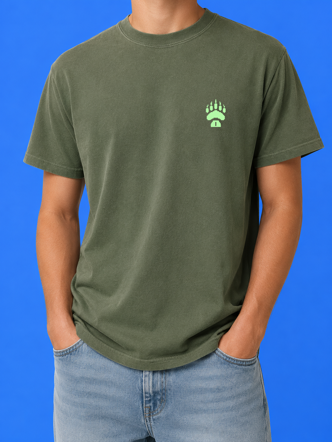 Ruxel Wild Livin tee, front view - small pixel bear-paw print on the left chest, olive green