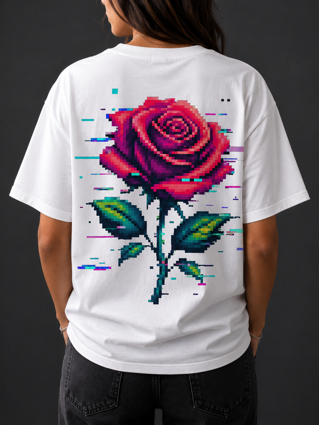 Back of Ruxel Glitch Rose Vintage White tee - large pixel-art red rose with cyan and magenta glitch effects