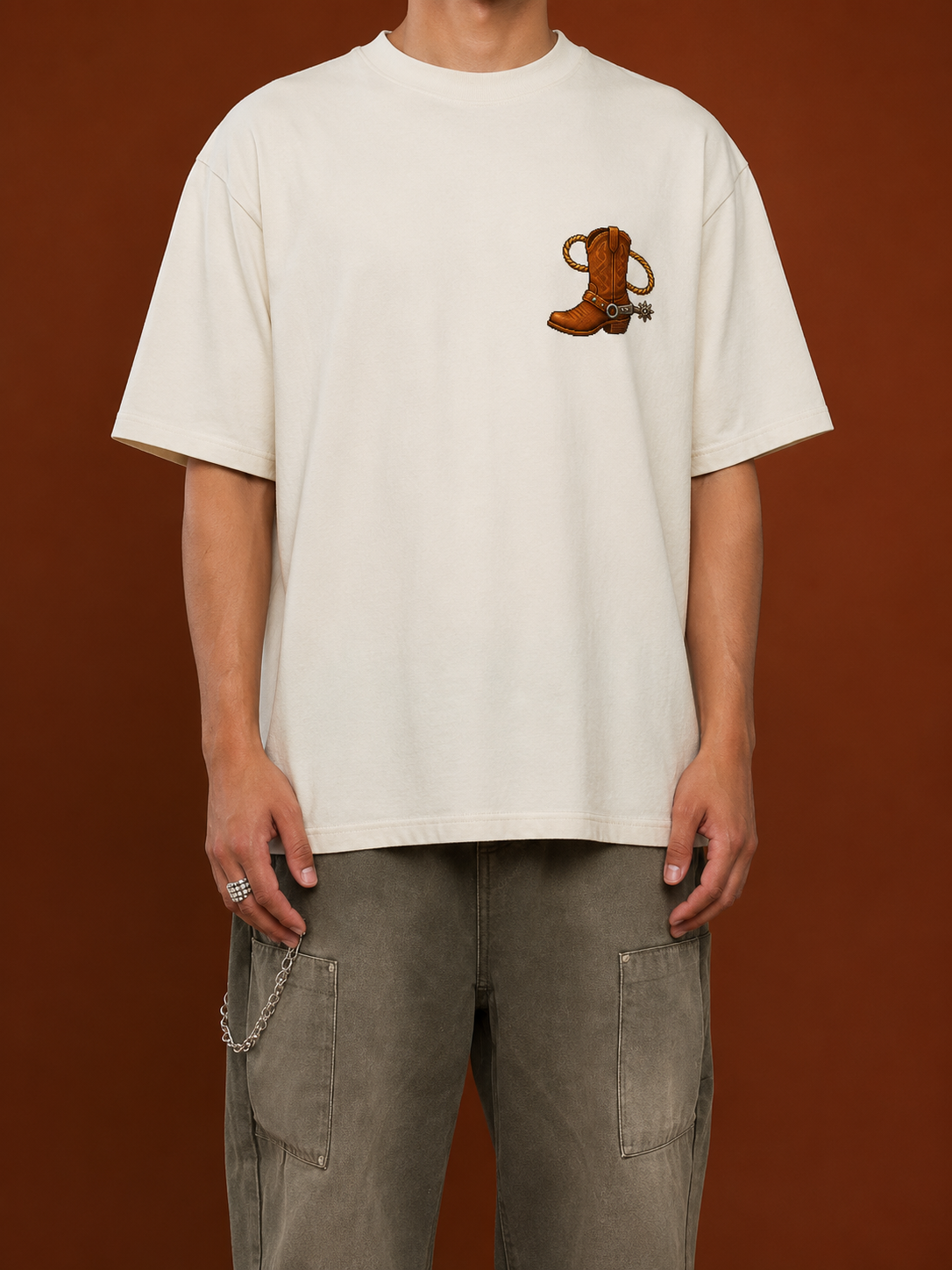 Ruxel Chase What Runs Free tee in Bone - small pixel cowboy boot with rope and spur on the left chest