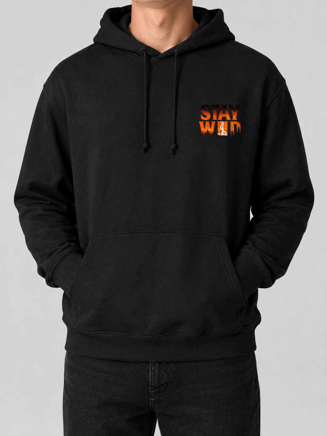 Ruxel Stay Wild hoodie in Void Black - small ember-textured “STAY WILD” text on the left chest