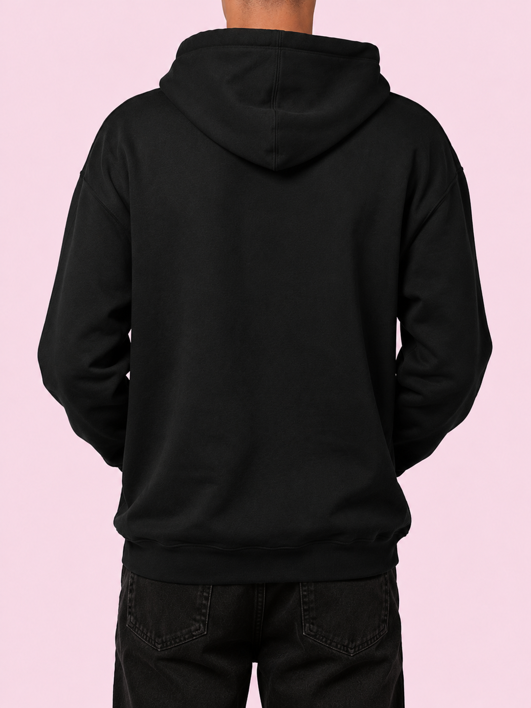 Back of the Ruxel Good Luck Loading Void Black hoodie worn by a man - plain with no print
