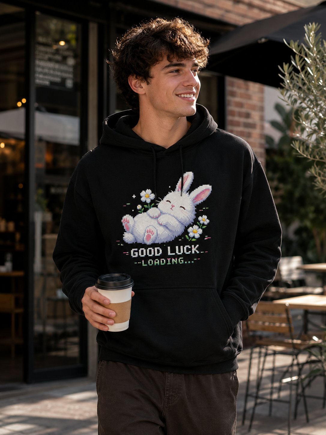 Man at a cafe holding a coffee, wearing the Ruxel Good Luck Loading Void Black pixel bunny hoodie, front view