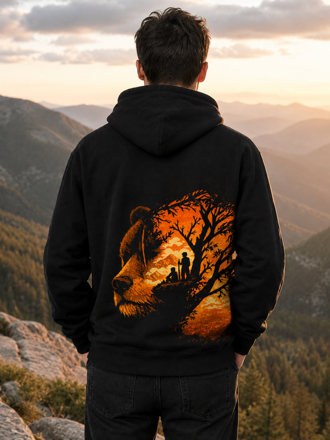 Man wearing the Ruxel Stay Wild Void Black bear sunset hoodie, back view