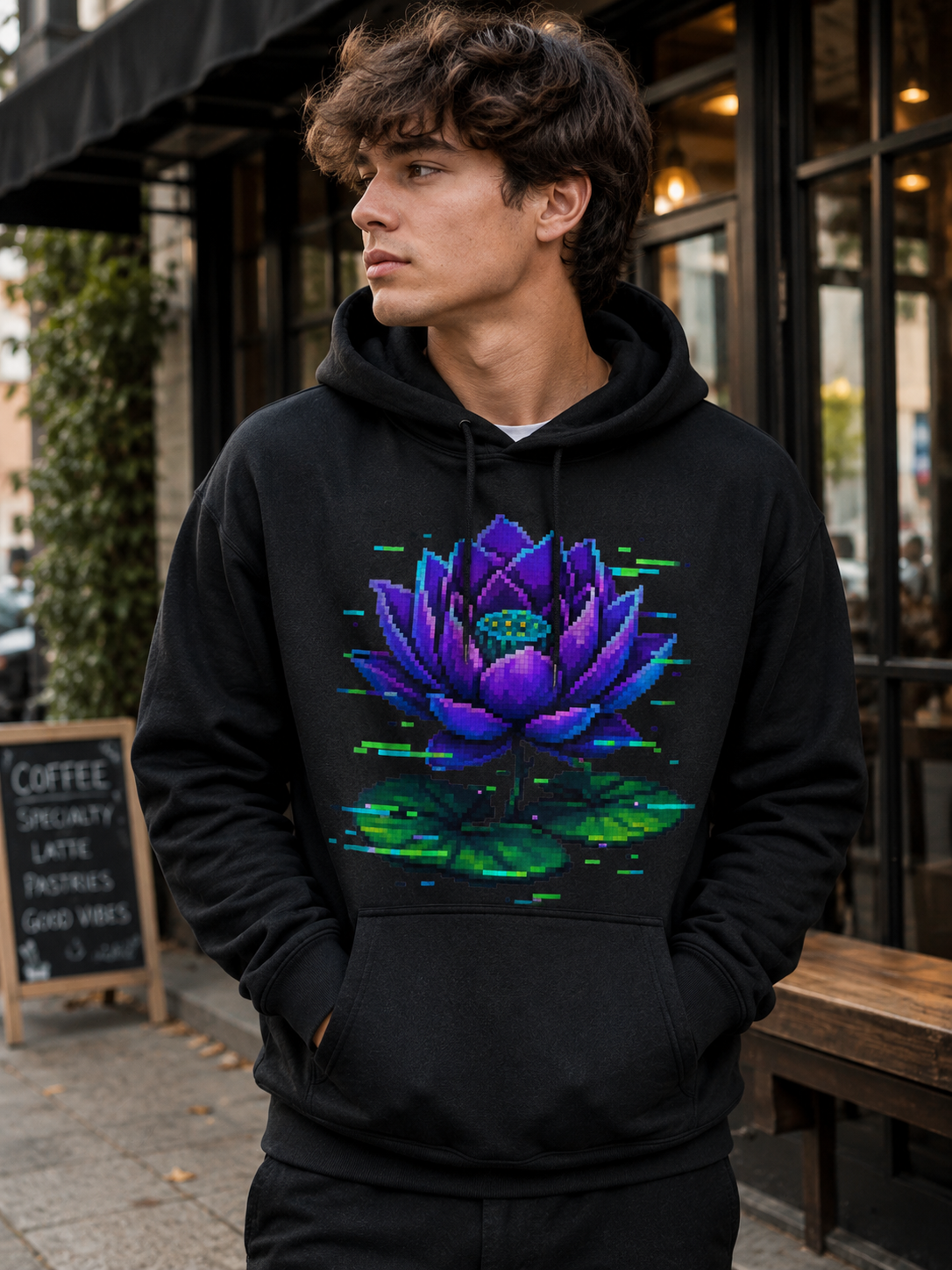Model wearing the Ruxel Glitch Lotus black pixel-art hoodie, front view
