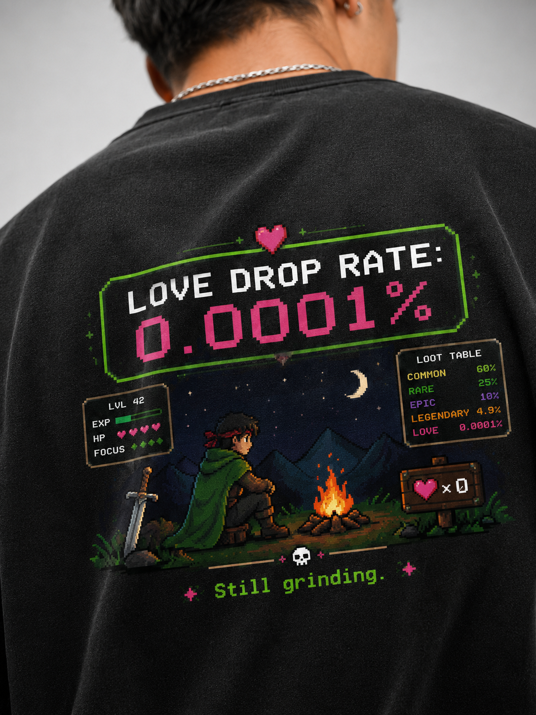 Close-up of the Love Drop Rate loot-screen print on Ruxel Vintage Black garment-dyed cotton - campfire hero, stats panel and loot table