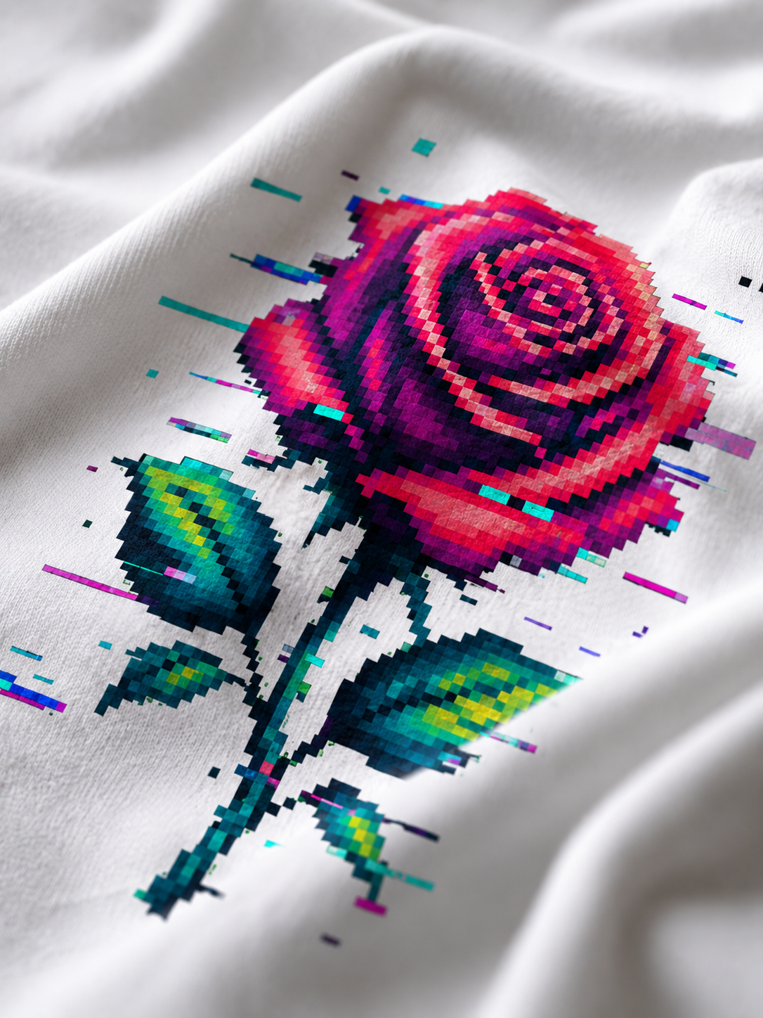 Close-up of the Glitch Rose pixel print on Ruxel garment-dyed cotton - red petals and glitch streaks
