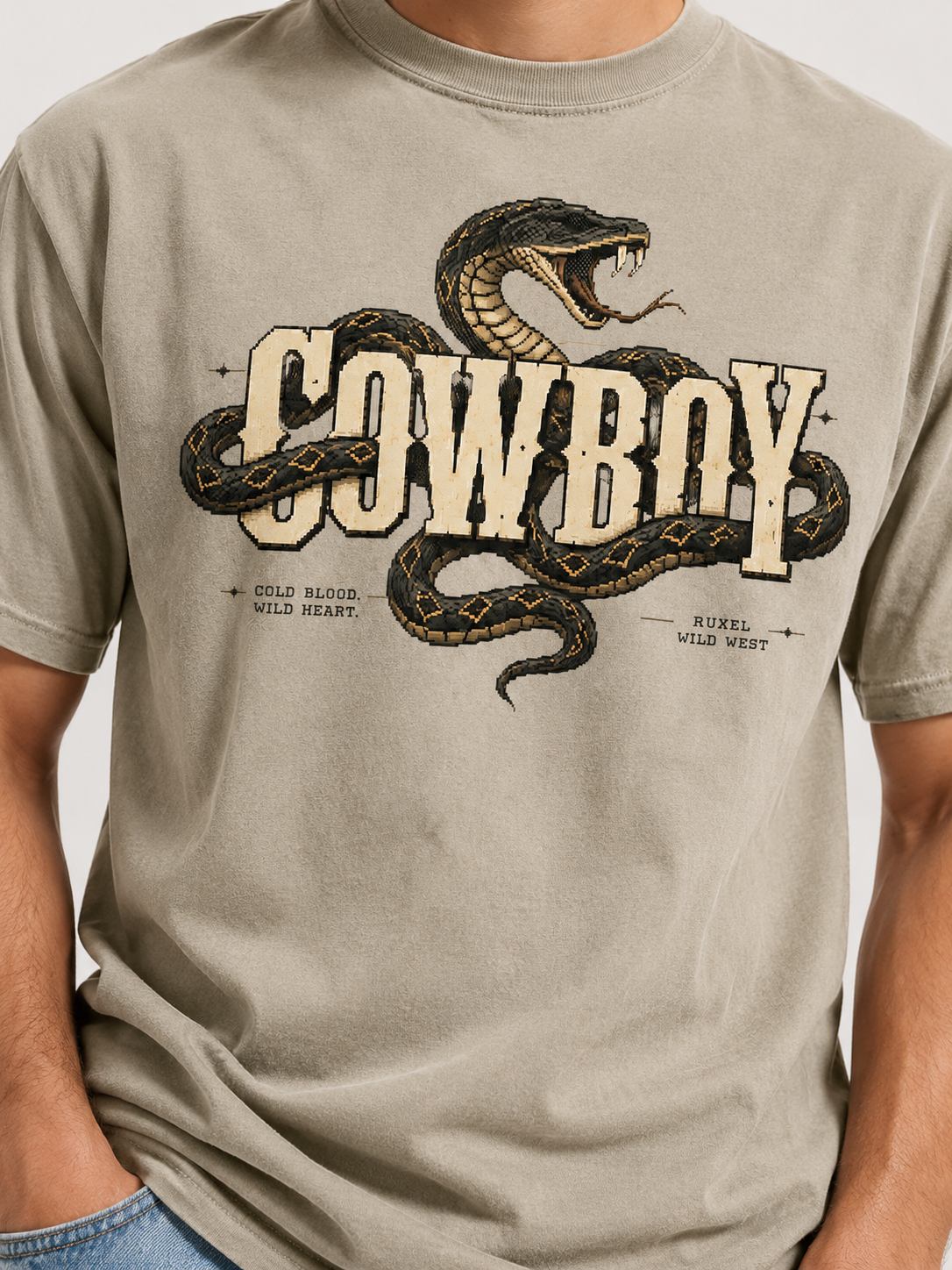 Close-up of the Cowboy snake print on Ruxel garment-dyed cotton - rattlesnake and western type