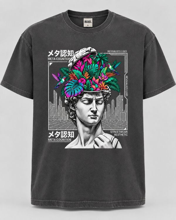 Meta-Cognition floral statue heavyweight graphic tee in Cerebral Charcoal, flat front view