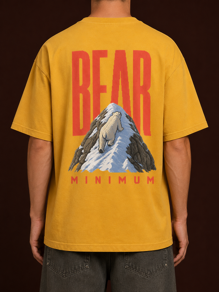 Back view of Ruxel Bear Minimum polar bear heavyweight graphic tee in Alpine Gold