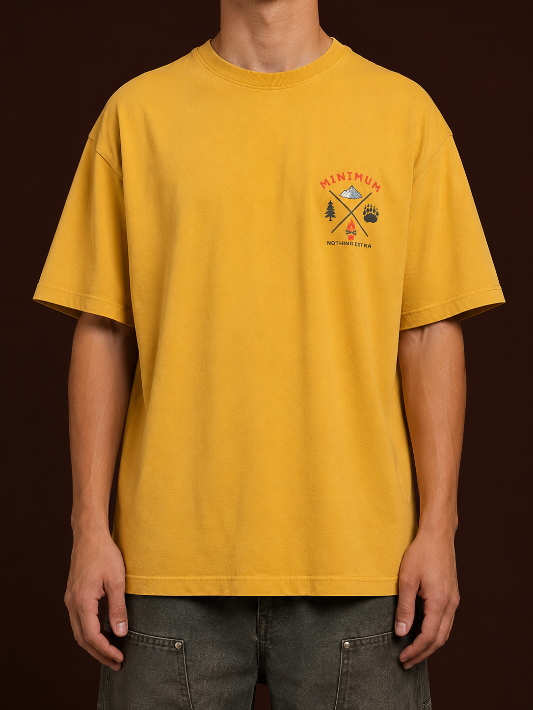 Front view of Ruxel Bear Minimum heavyweight tee with outdoor chest emblem in Alpine Gold