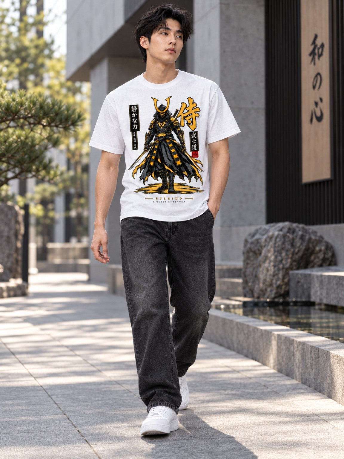 Male model walking in the Bushido Quiet Strength Honor White samurai graphic tee