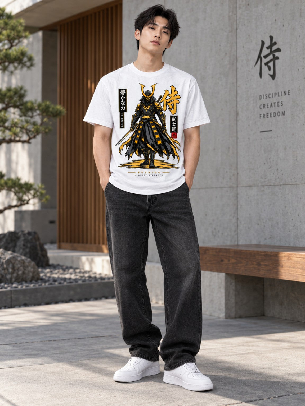 Male model wearing the Bushido Quiet Strength samurai graphic tee in a modern Japanese-inspired setting