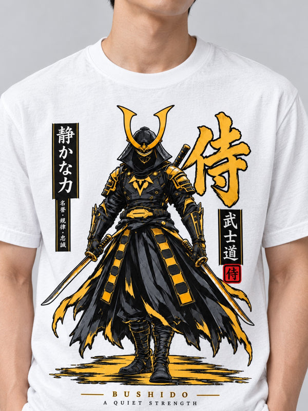 Close-up of the black-and-gold samurai artwork on the Bushido Quiet Strength heavyweight tee