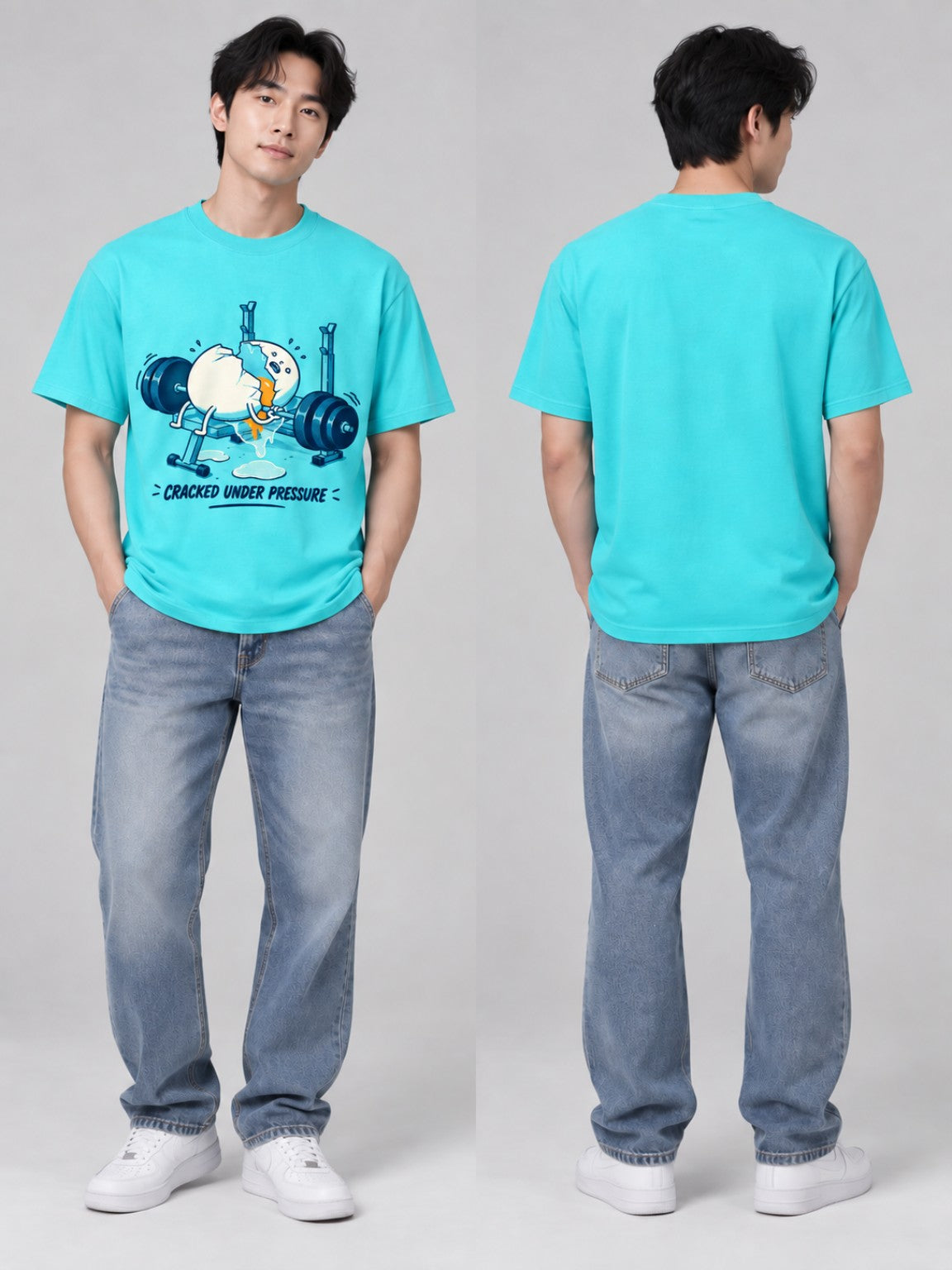 Front and plain back fit views of the Cracked Under Pressure Electric Lagoon heavyweight tee