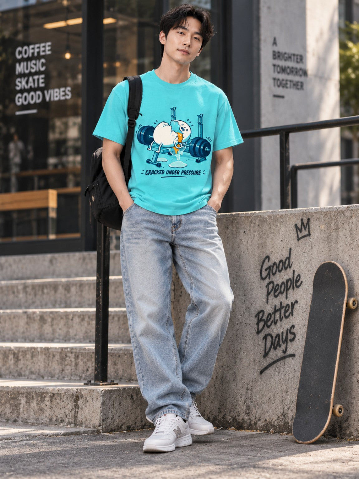 Male model wearing the Cracked Under Pressure Electric Lagoon heavyweight tee with a skateboard