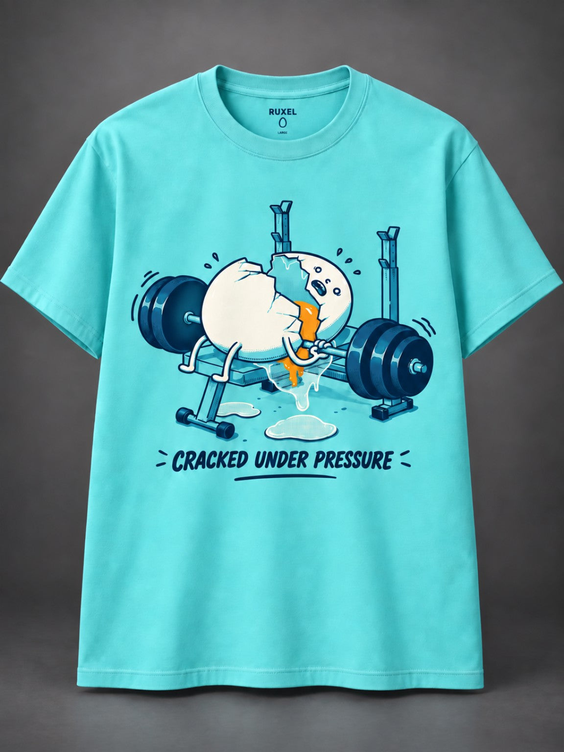 Cracked Under Pressure funny egg weightlifting heavyweight graphic tee in Electric Lagoon, flat front view