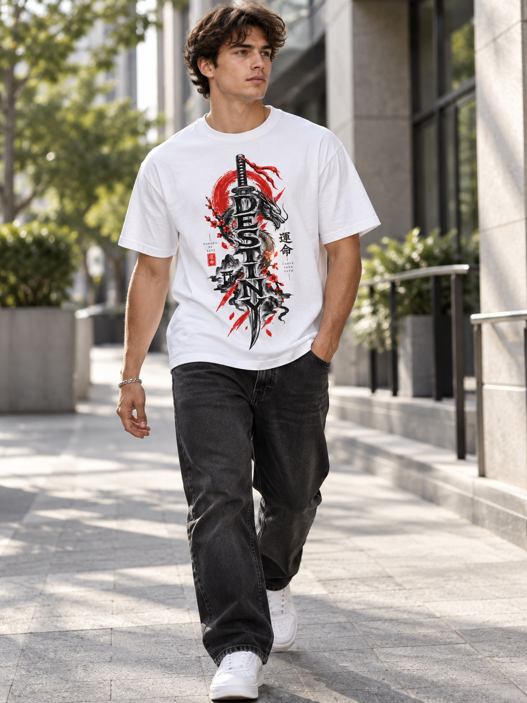 Male model walking in the white Destiny Japanese dragon and katana graphic tee