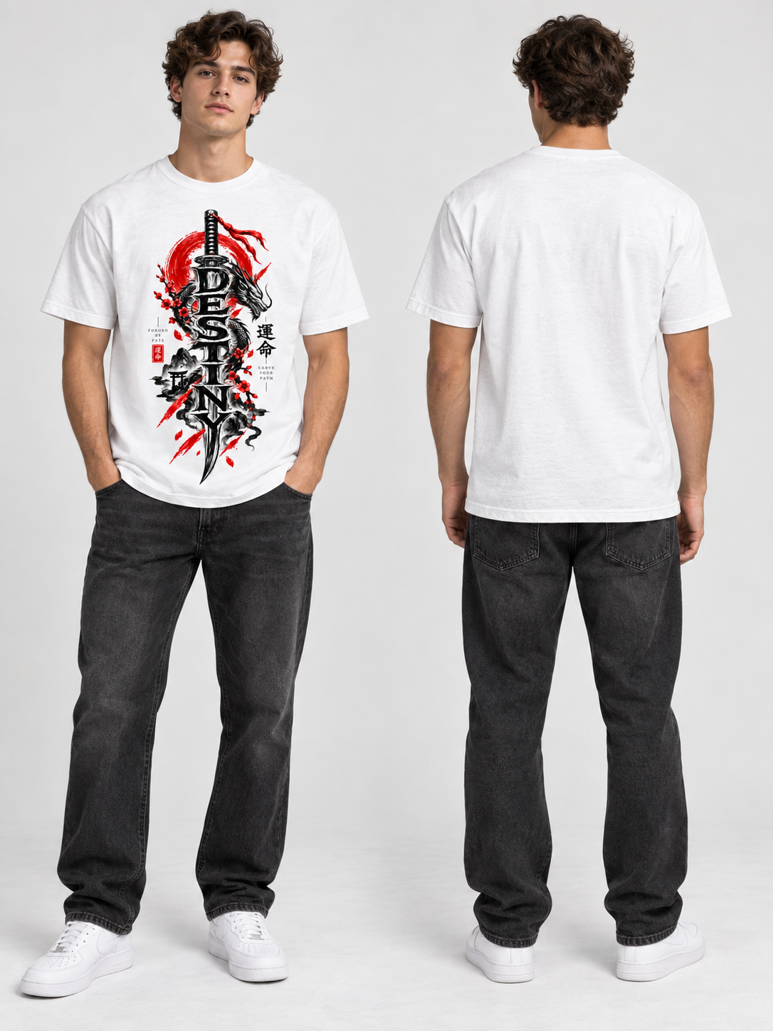 Male model showing the printed front and plain back of the white Destiny heavyweight graphic tee