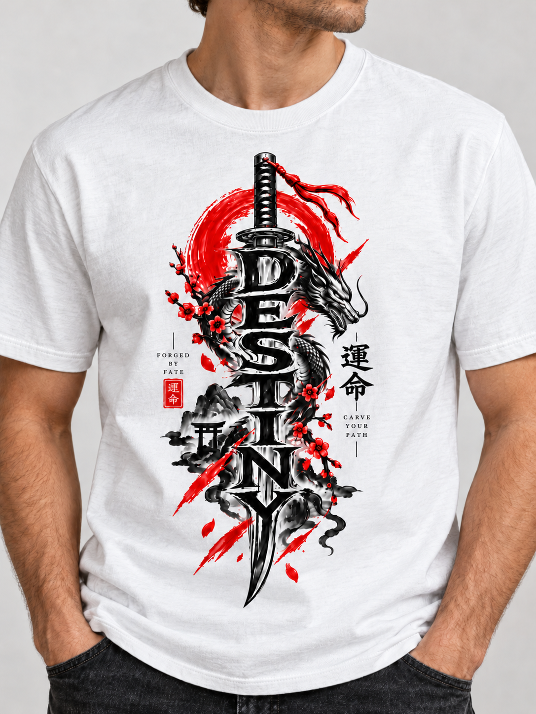 Close-up of the black, silver, and red Destiny dragon and katana artwork on a white Ruxel tee