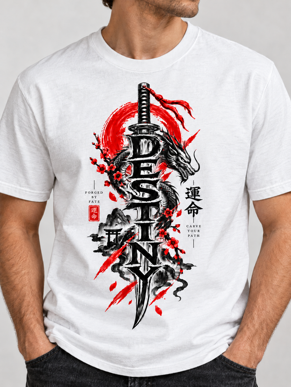 Close-up of the black, silver, and red Destiny dragon and katana artwork on a white Ruxel tee