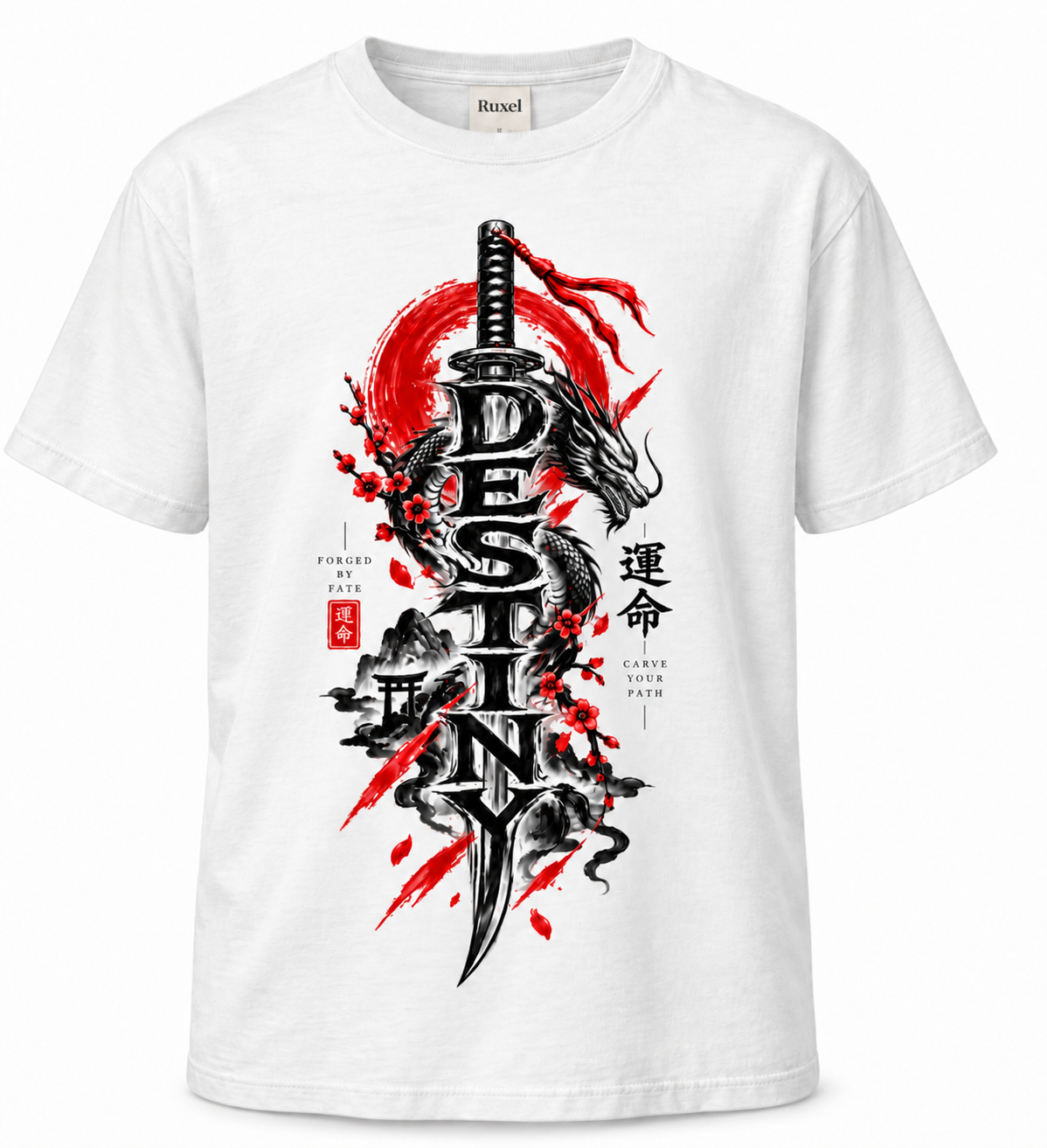 White Destiny Japanese dragon and katana heavyweight graphic tee by Ruxel, front product view