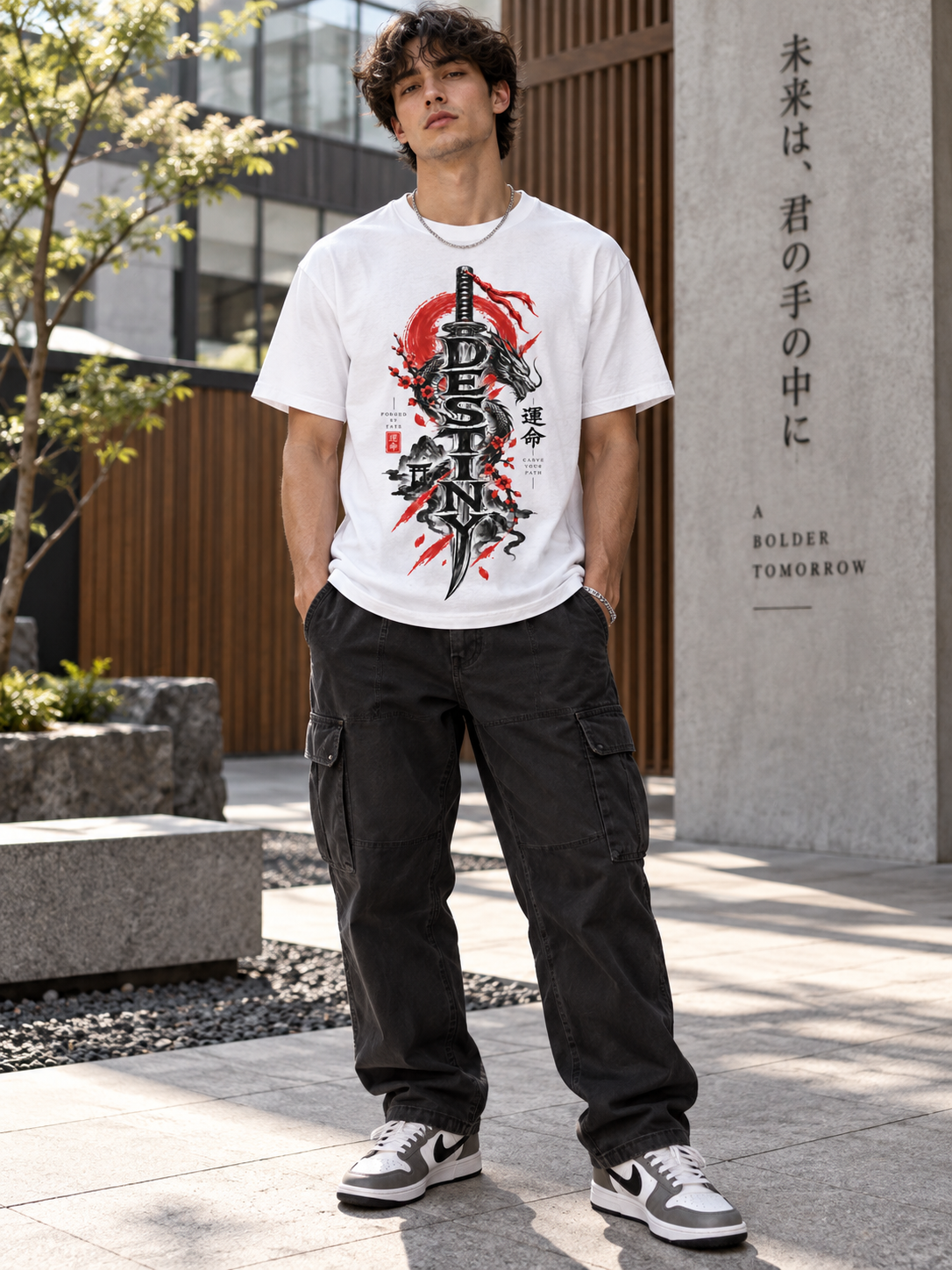 Male model wearing the white Destiny Japanese streetwear graphic tee outdoors