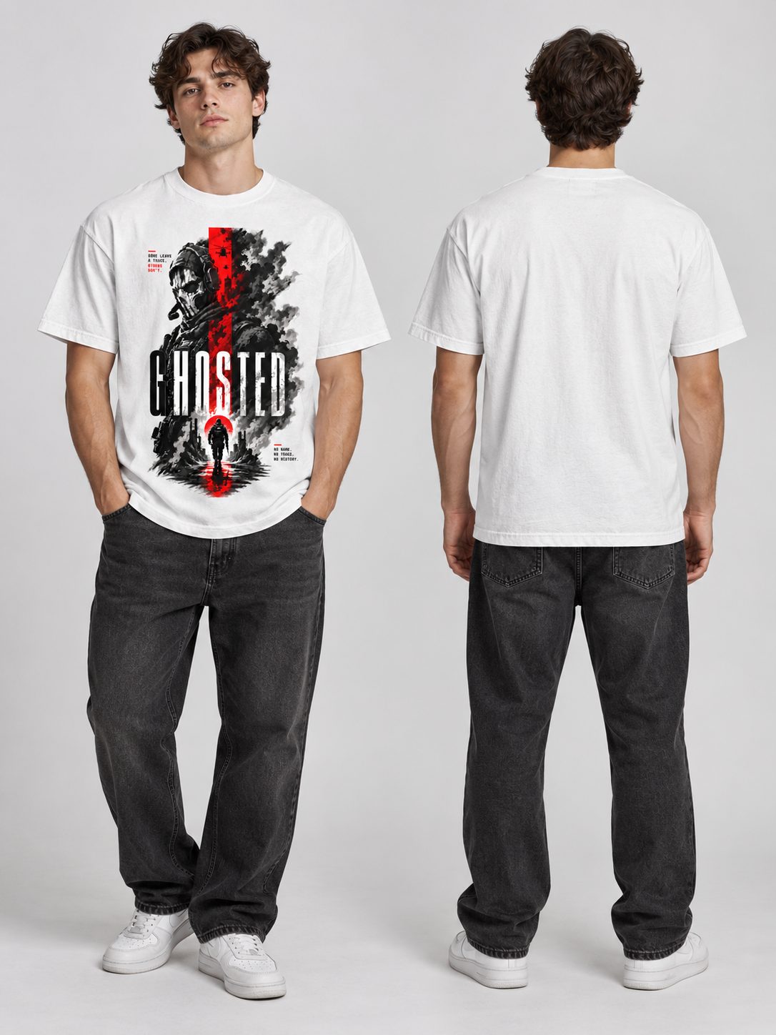 Male model showing the printed front and plain back of the white Ghosted heavyweight graphic tee