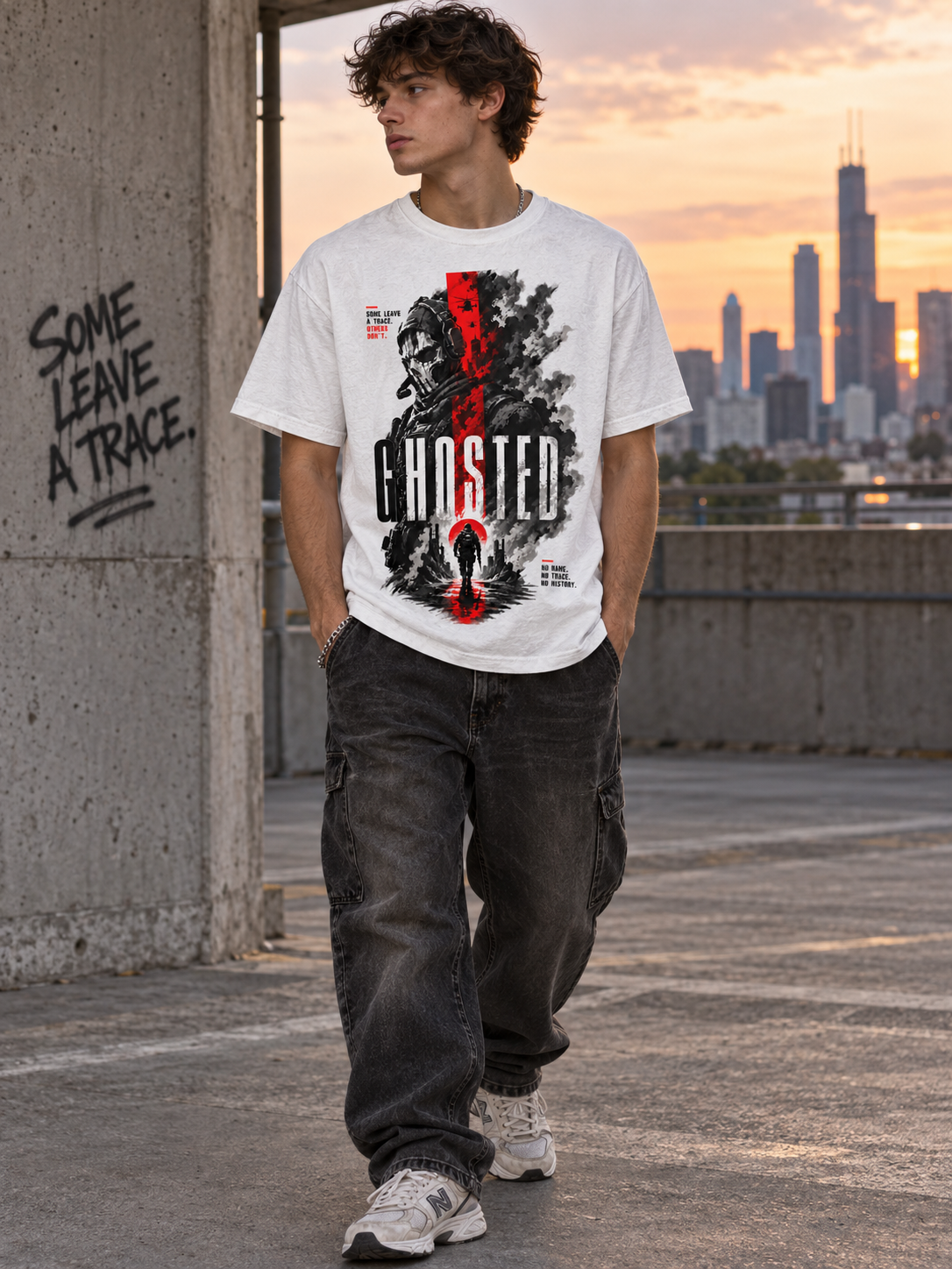 Male model walking in the white Ghosted tactical graphic tee at sunset