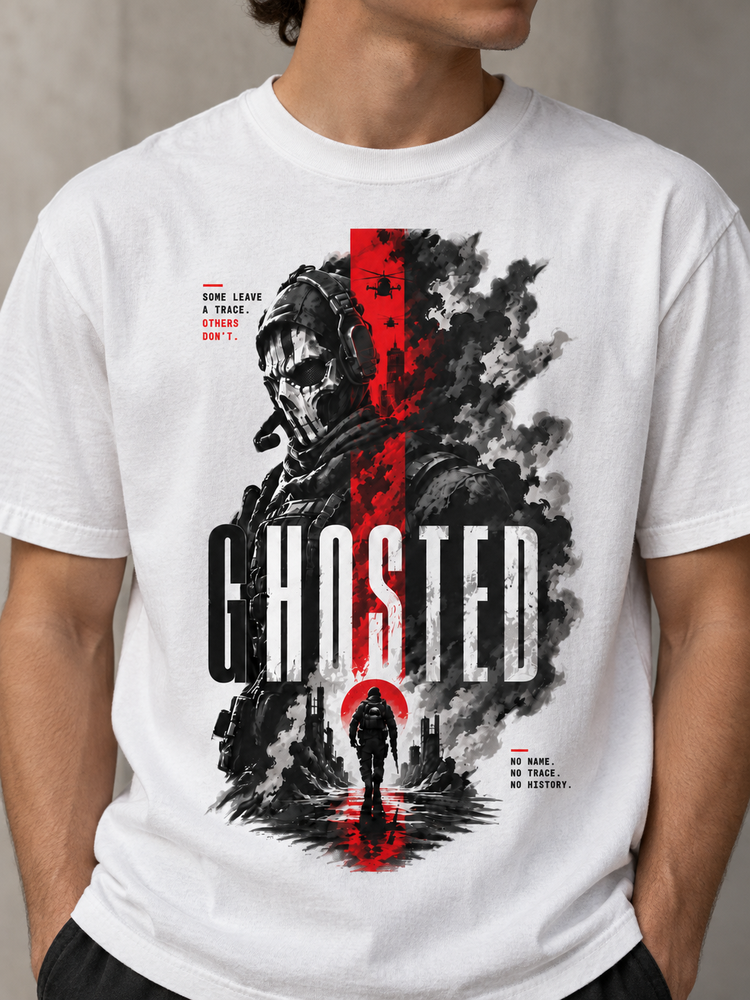 Close-up of the black, red, and gray Ghosted tactical soldier artwork on a white Ruxel tee