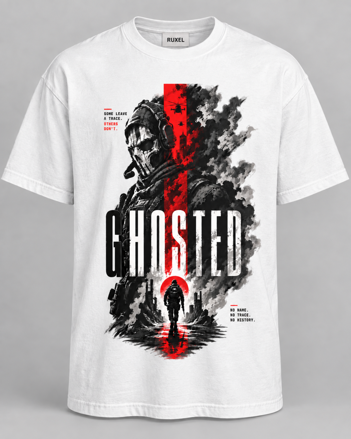 White Ghosted tactical soldier heavyweight graphic tee by Ruxel, front product view