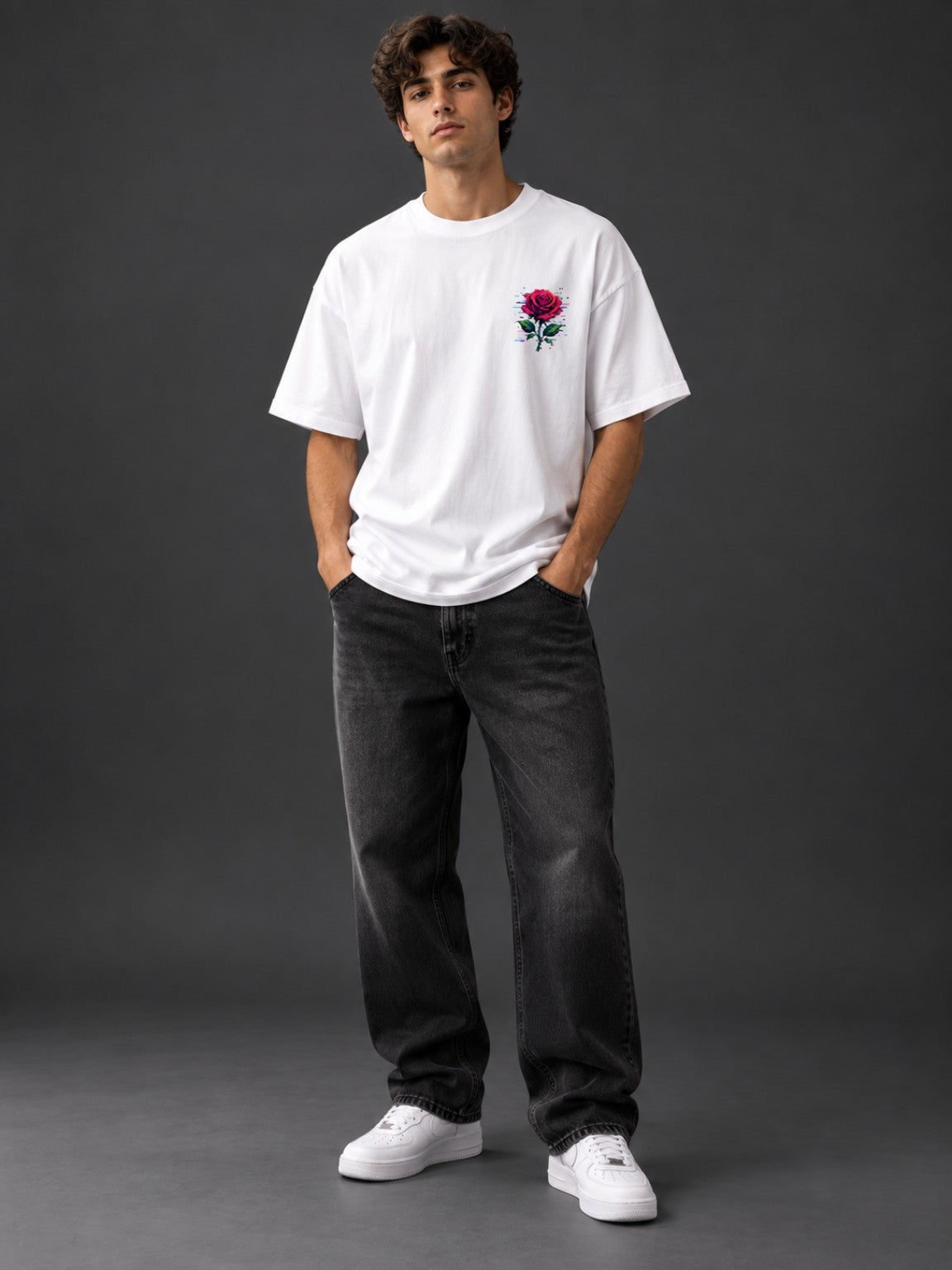 Man wearing the Ruxel Glitch Rose heavyweight tee in Vintage White, studio front view with pixel rose chest print