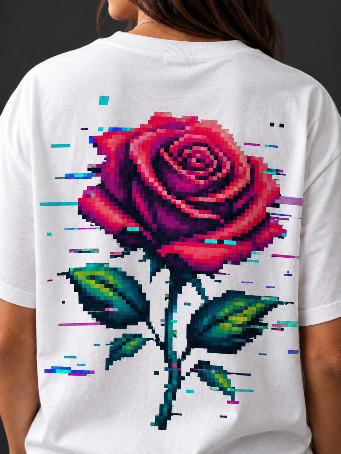 Close-up of the large red and magenta pixel rose back graphic with cyan glitch details