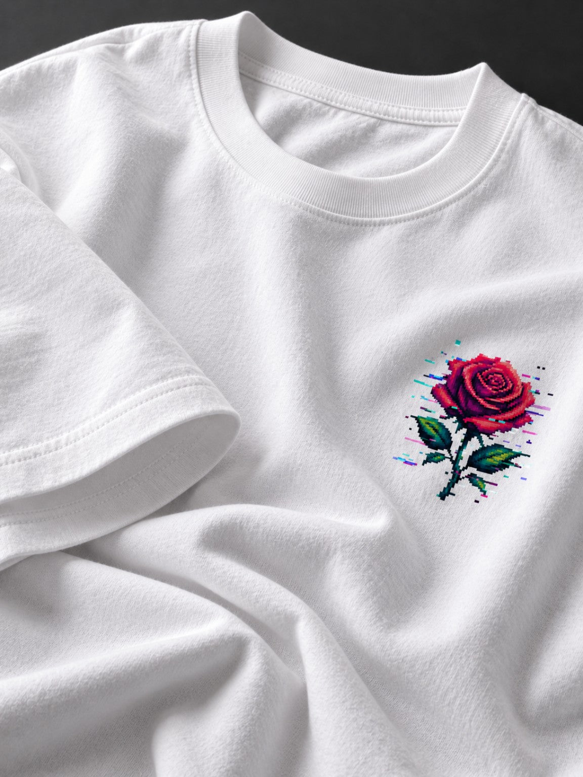 Vintage White heavyweight tee fabric and ribbed collar detail with the small Glitch Rose chest print