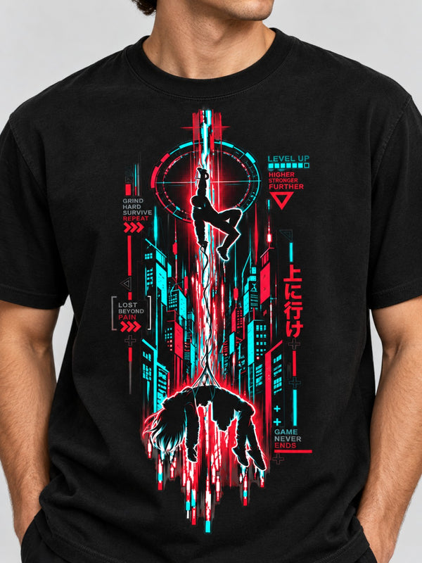 Close-up of the neon red and cyan Level Up cyberpunk artwork on a black heavyweight tee
