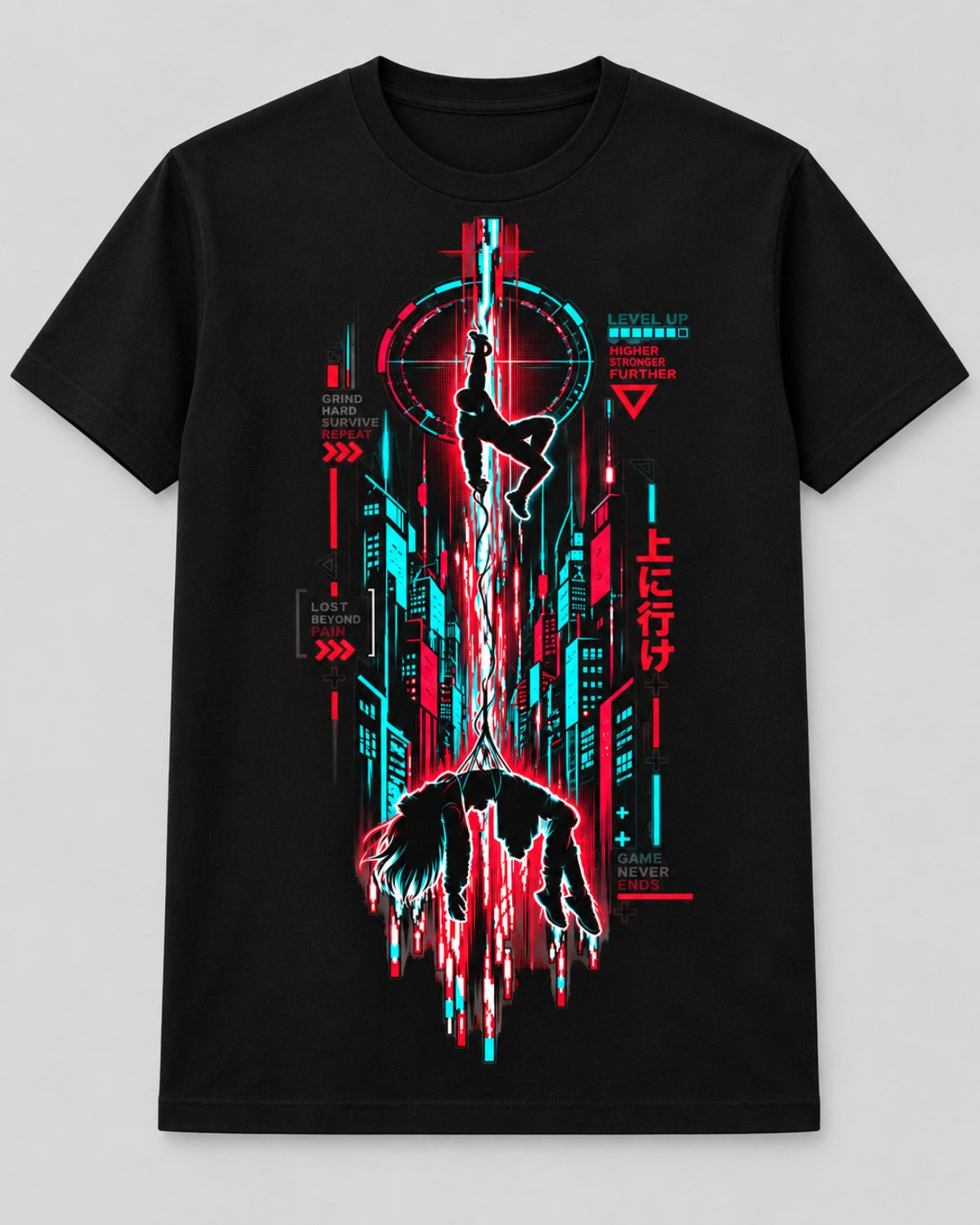 Level Up cyberpunk graphic heavyweight tee in Signal Black, flat front view