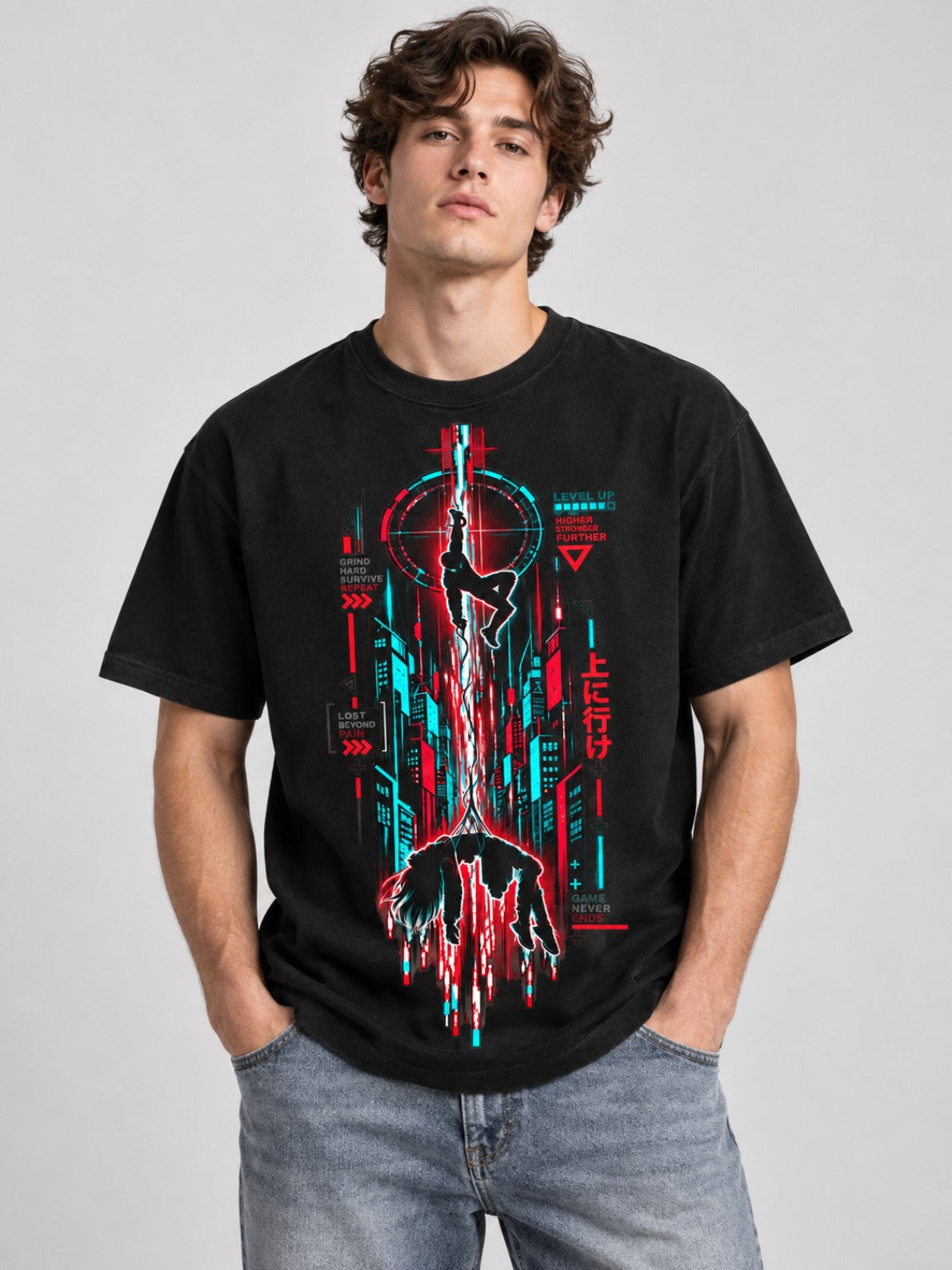 Male model wearing the Level Up Signal Black heavyweight tee, front studio view