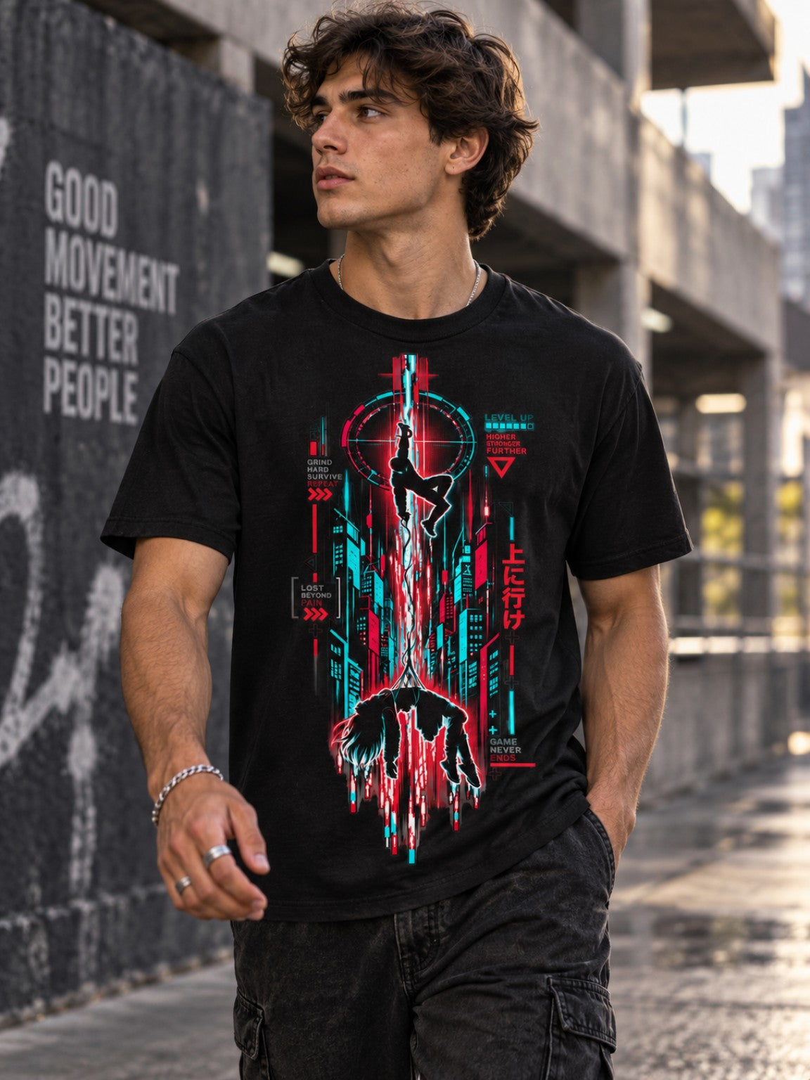 Male model walking in the Level Up cyberpunk graphic heavyweight tee