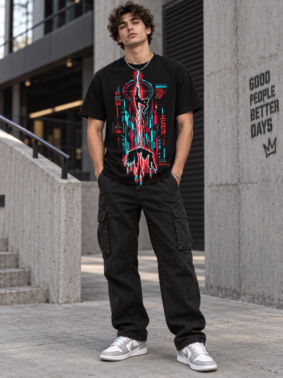 Male model wearing the Level Up cyberpunk graphic tee in an urban concrete setting