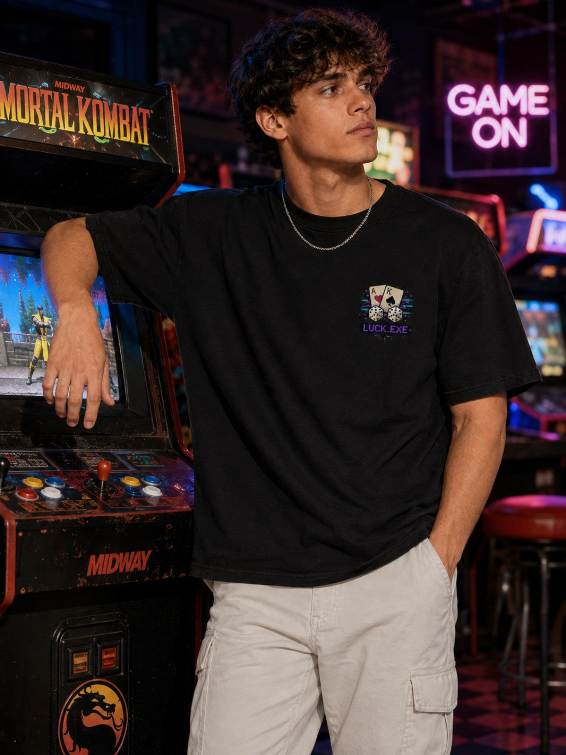 Ruxel Luck.exe Play the Hand Pixel Art Tee styled in a neon arcade with relaxed cargo pants and the small front chest graphic visible