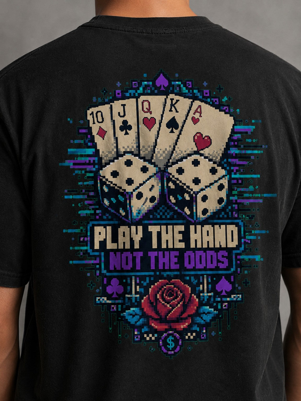 Close-up of the Ruxel Luck.exe back graphic showing the pixel-art royal flush, dice, red rose and Play the Hand Not the Odds text