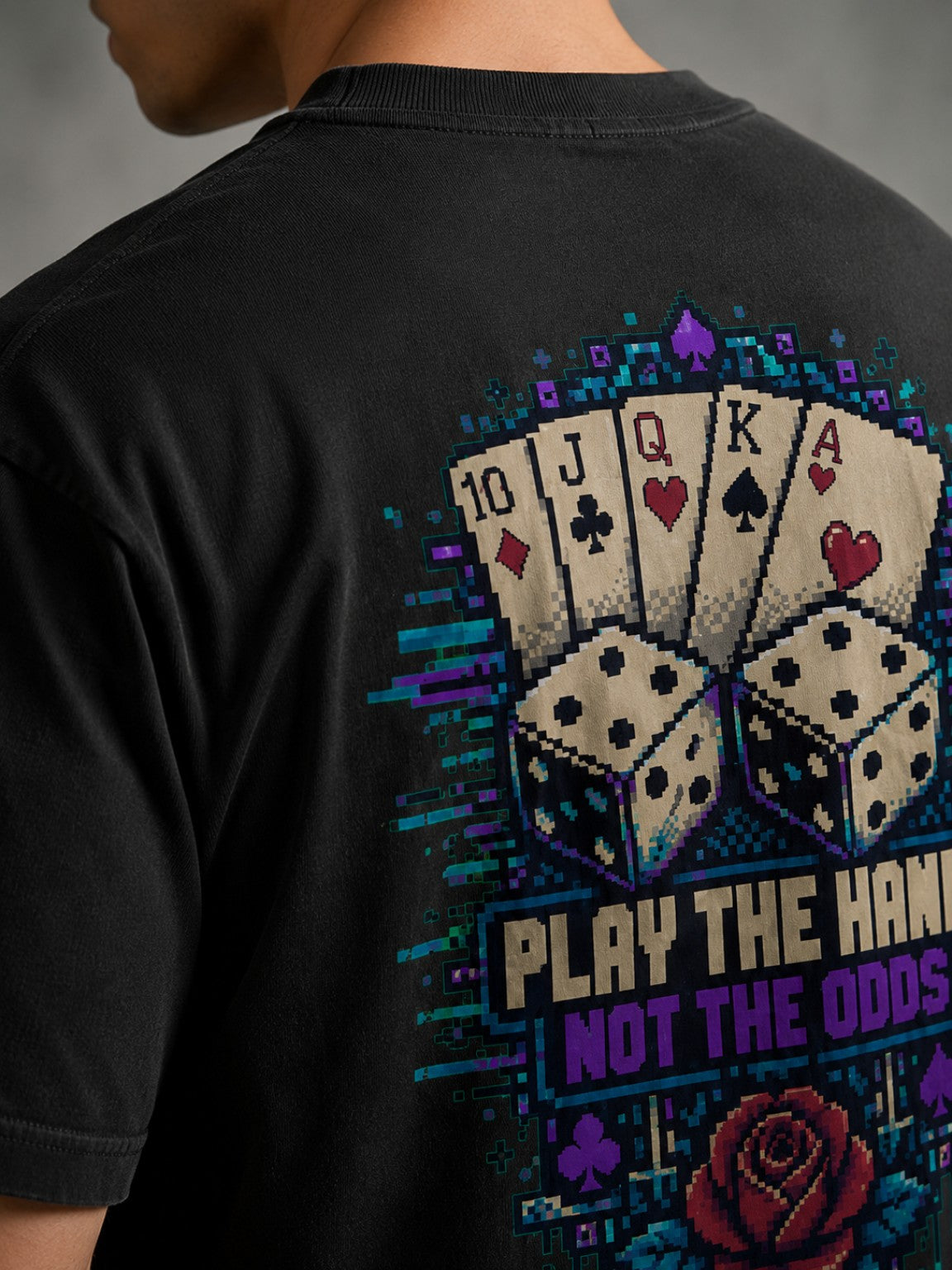 Detailed angled view of the Ruxel Luck.exe back print showing crisp pixel edges, vibrant teal and purple accents, and heavyweight black cotton texture