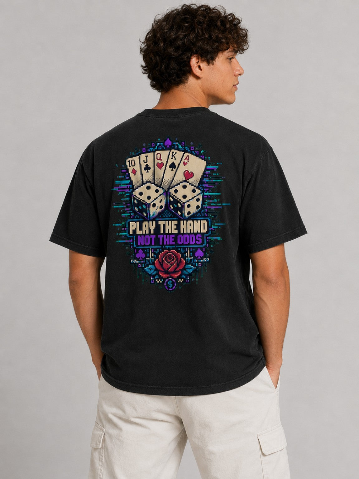 Ruxel Luck.exe Play the Hand Pixel Art Tee in Vintage Black, clean back view with royal flush, dice, rose and Play the Hand Not the Odds graphic