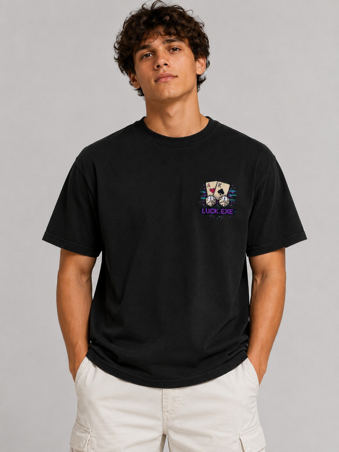 Ruxel Luck.exe Play the Hand Pixel Art Tee in Vintage Black, front fit view with small cards and dice chest graphic