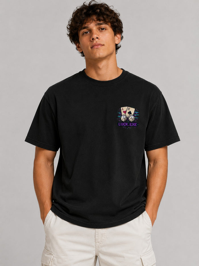 Ruxel Luck.exe Play the Hand Pixel Art Tee in Vintage Black, front fit view with small cards and dice chest graphic