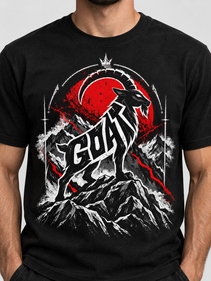 Close-up of the red, white, and black GOAT mountain artwork on the Peak Instinct tee