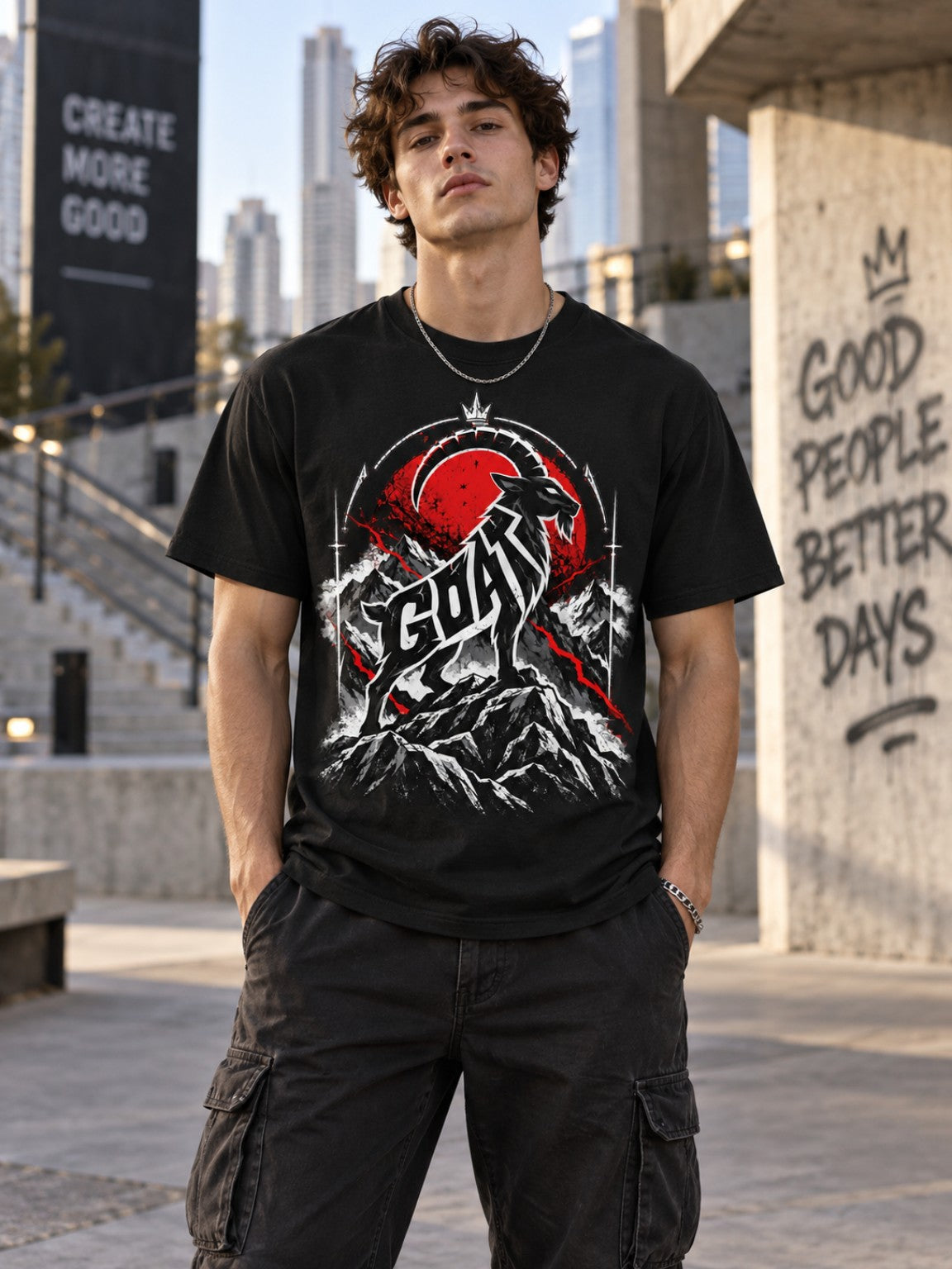 Male model wearing the Peak Instinct GOAT mountain heavyweight tee in Signal Black
